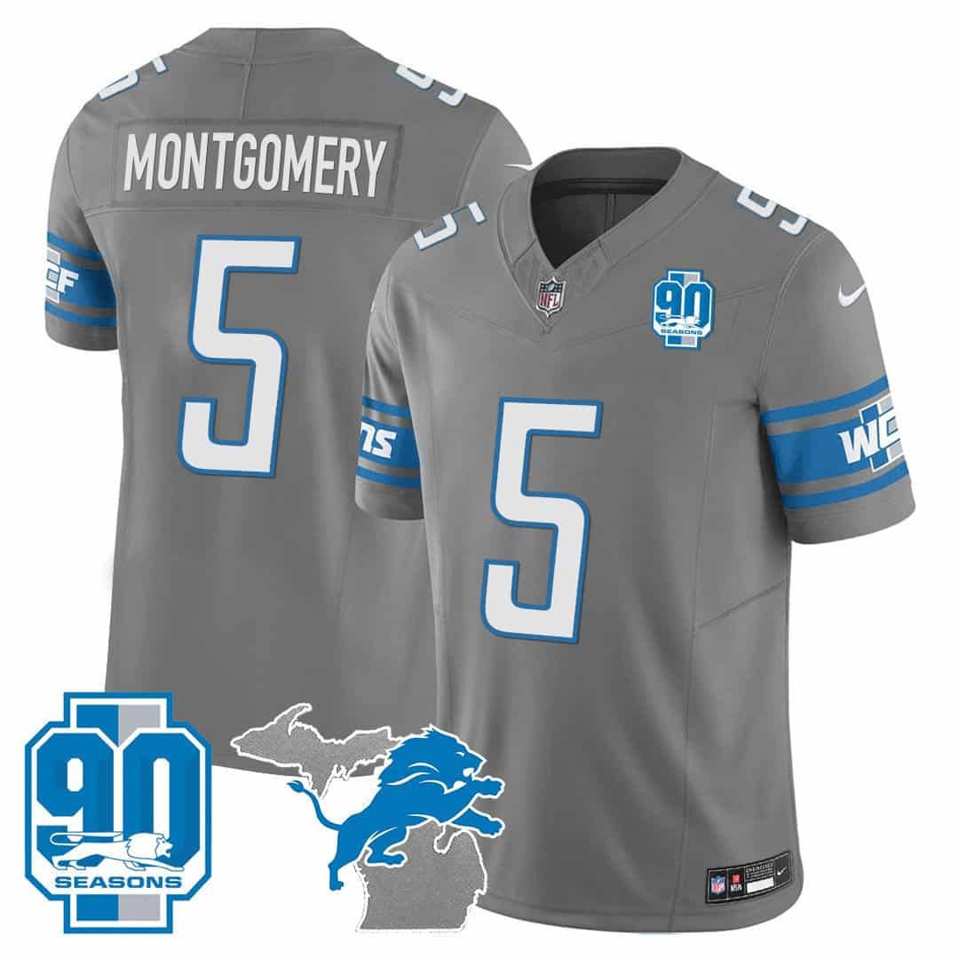 Men Detroit Lions 5 Montgomery Grey 2024 Nike 90th Year Michigan Patch Vapor NFL Jersey